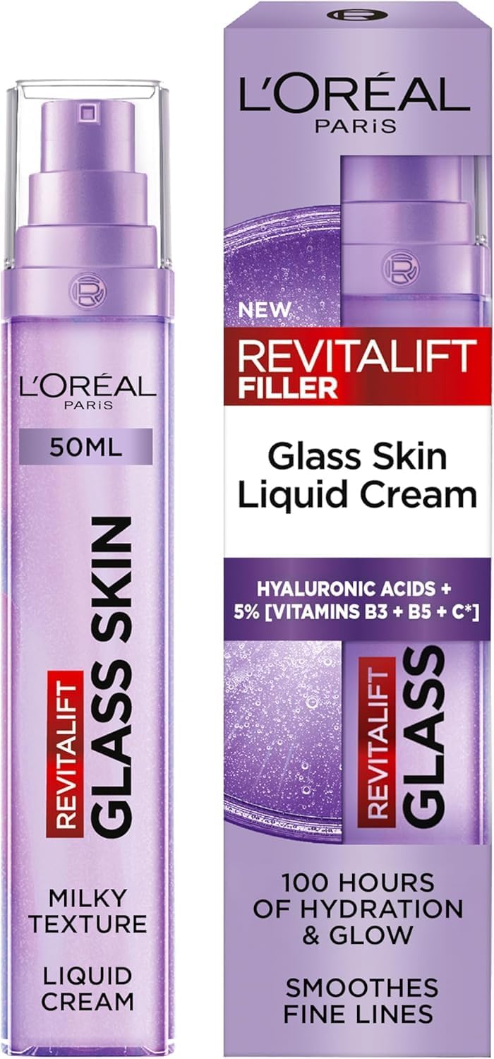 L'Oreal Paris Revitalift Filler Glass Skin Liquid Face Cream 50ml, with Hyaluronic Acid & Vitamin Cg, Glass Skin Glow
