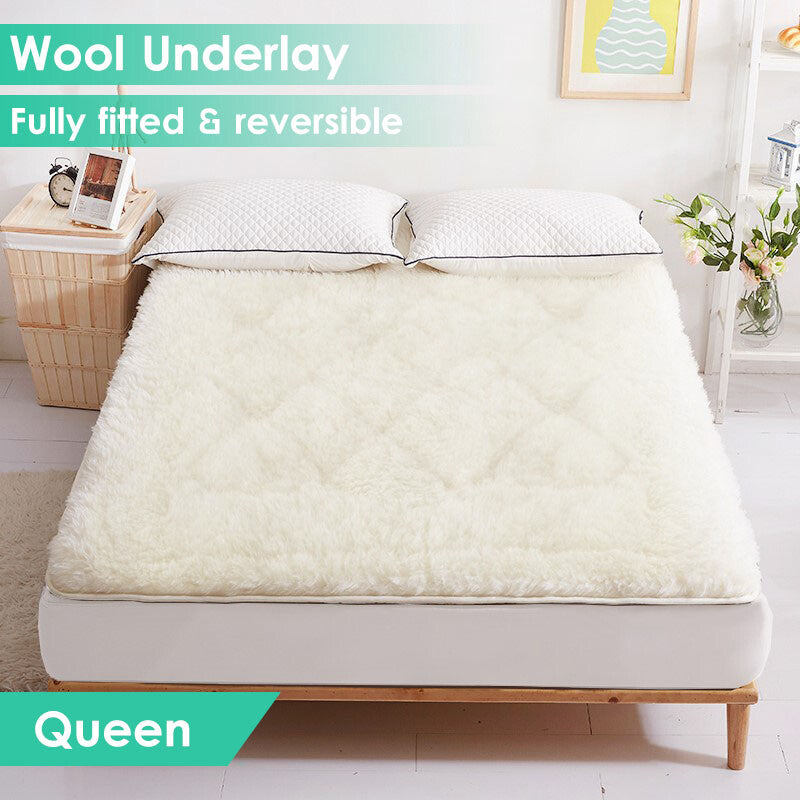Queen Fully Fitted Reversible Wool Underlay - Australian Made Woollen Wollen Underblanket Topper Bedding 550 GSM