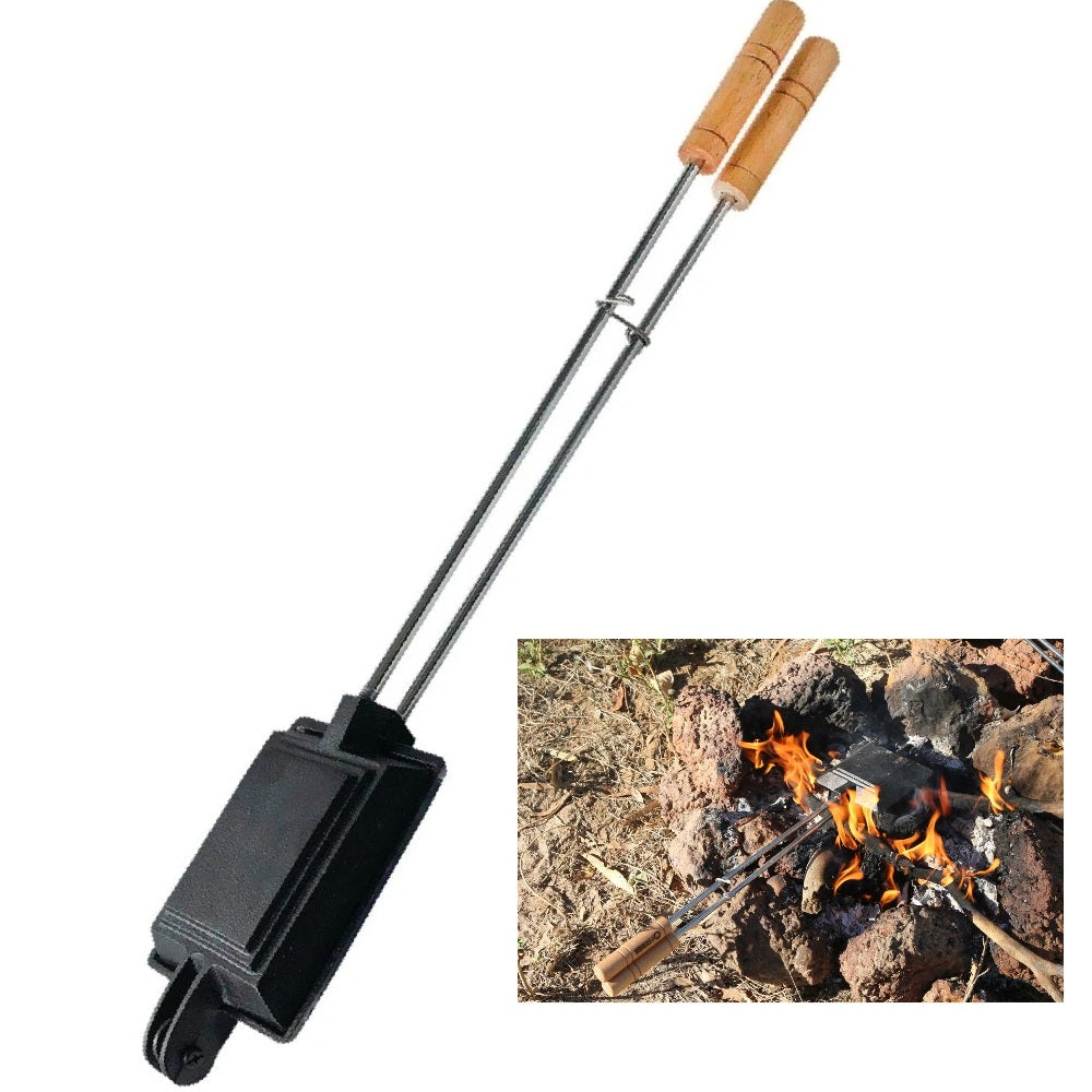 Cast Iron Sandwich Grill Press Camping Campsite Cooking with Wood Handle (Heat Resistant)