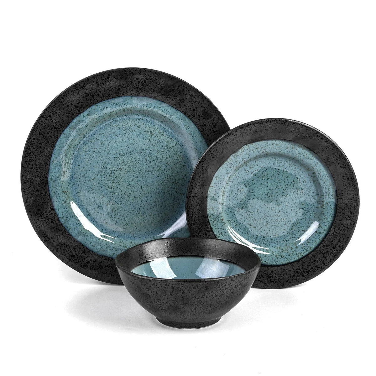 4 Person Stoneware Dining Set | 12-Piece Dinner Set Meal Dinnerware | 4x Dinner Set, 4x Side Plate, 4x Bowls | Handcrafted