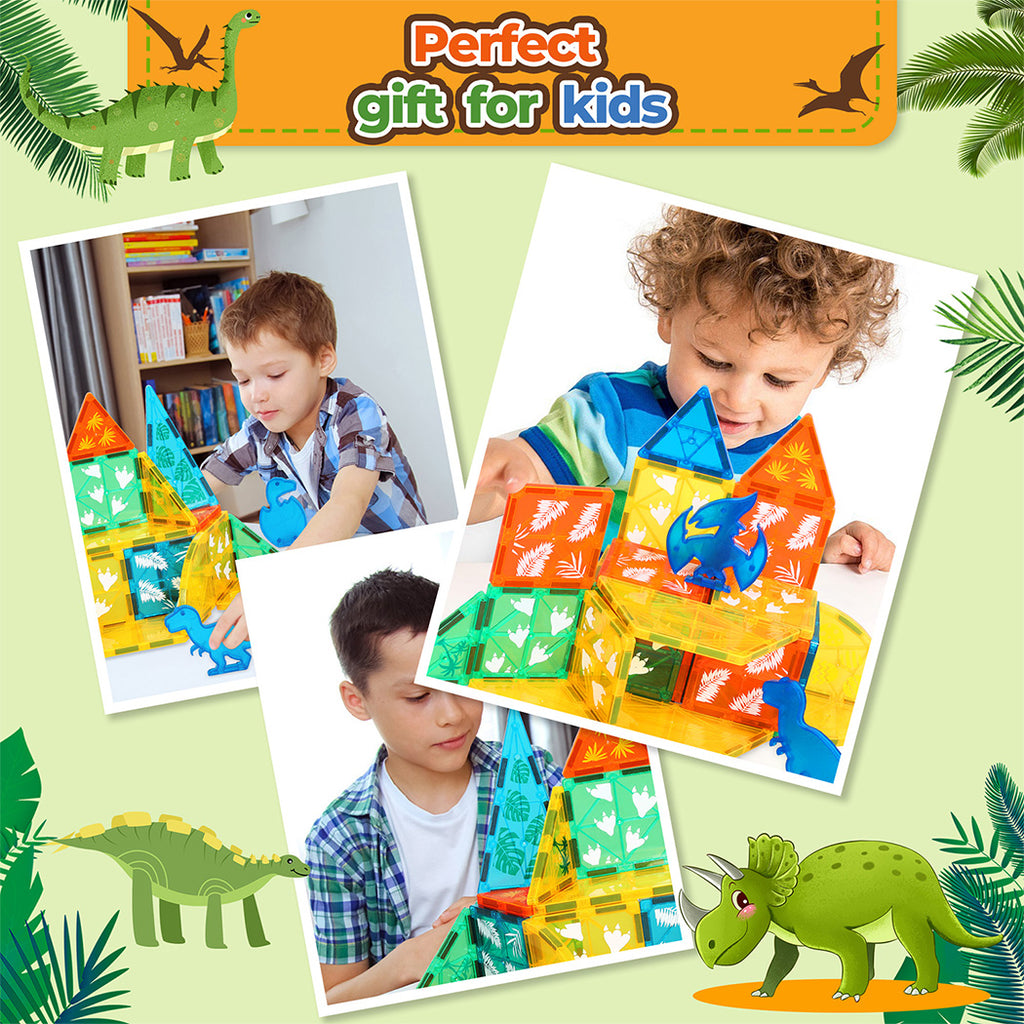 100 Pieces Magnetic Tiles Starter Kit Kids Dinosaur Playing Building Blocks Preschool STEM Learning