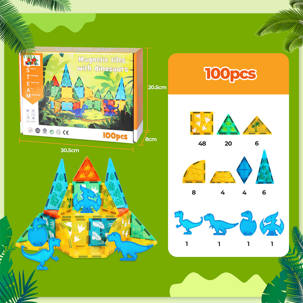 100 Pieces Magnetic Tiles Starter Kit Kids Dinosaur Playing Building Blocks Preschool STEM Learning