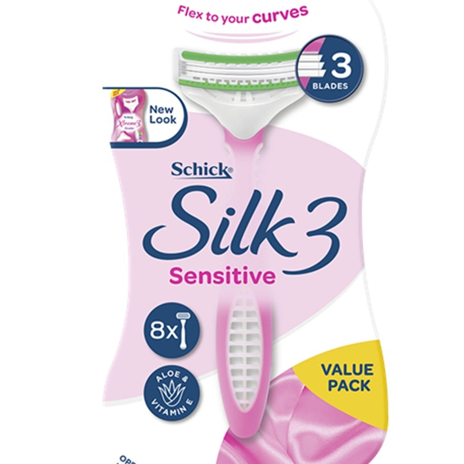 Schick Women's Shaver | Silk 3 Blade Sensitive Razor | 8 Pack | Conditioning Strip with Aloe & Vit E