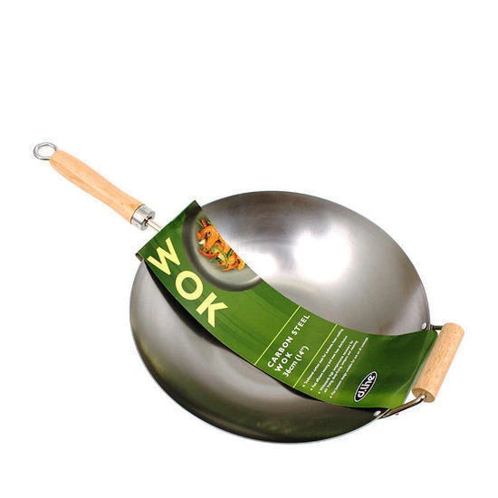 Carbon Steel Wok 36cm Large Cooking Pan Stir-Fry Curry Flat Base Wok, Wood Handles