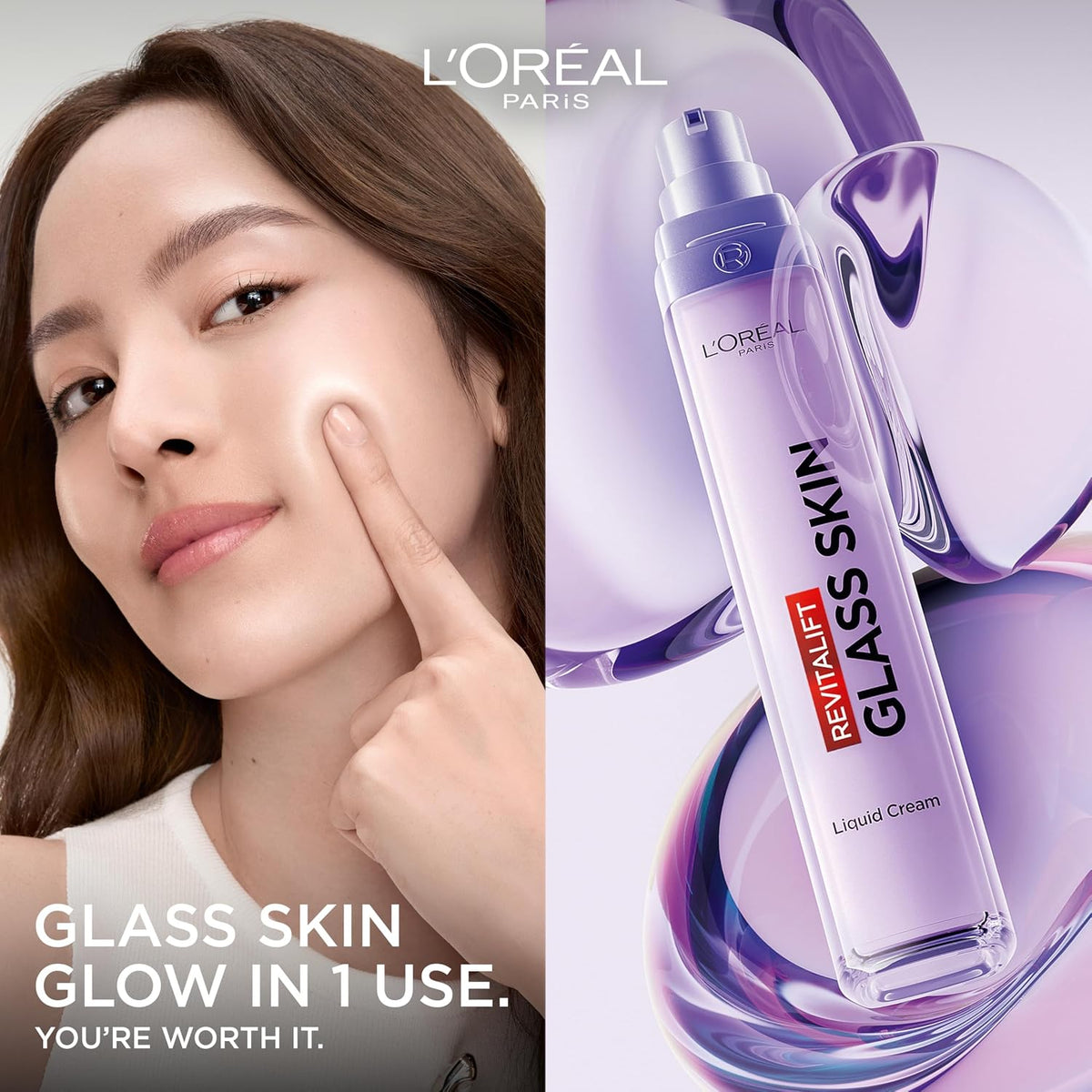 L'Oreal Paris Revitalift Filler Glass Skin Liquid Face Cream 50ml, with Hyaluronic Acid & Vitamin Cg, Glass Skin Glow