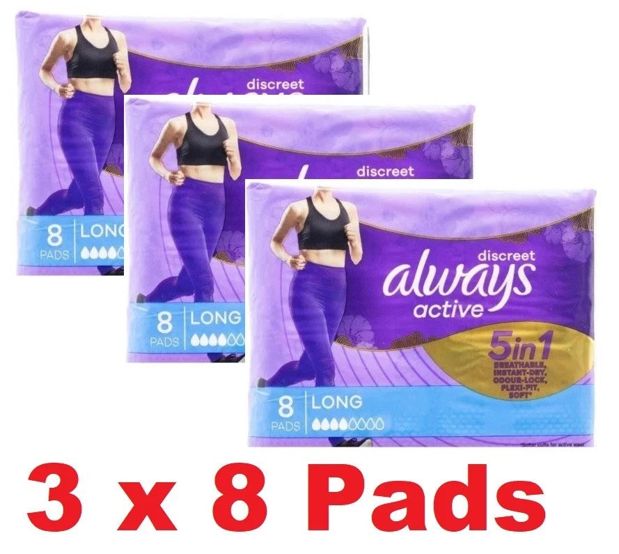 96x Women's Long Menstrual Sanitary Period Pads | 12x 8pc Active Dry Odour Lock Flexi Fit Discrete Ladies Pads