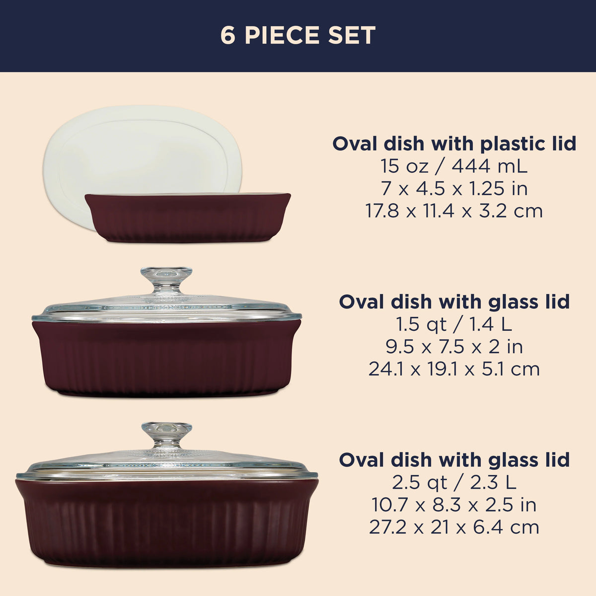 Corningware 3PC Durable Stoneware Baking Dishes Stone Oval Oven Casserole Dishes with Lids