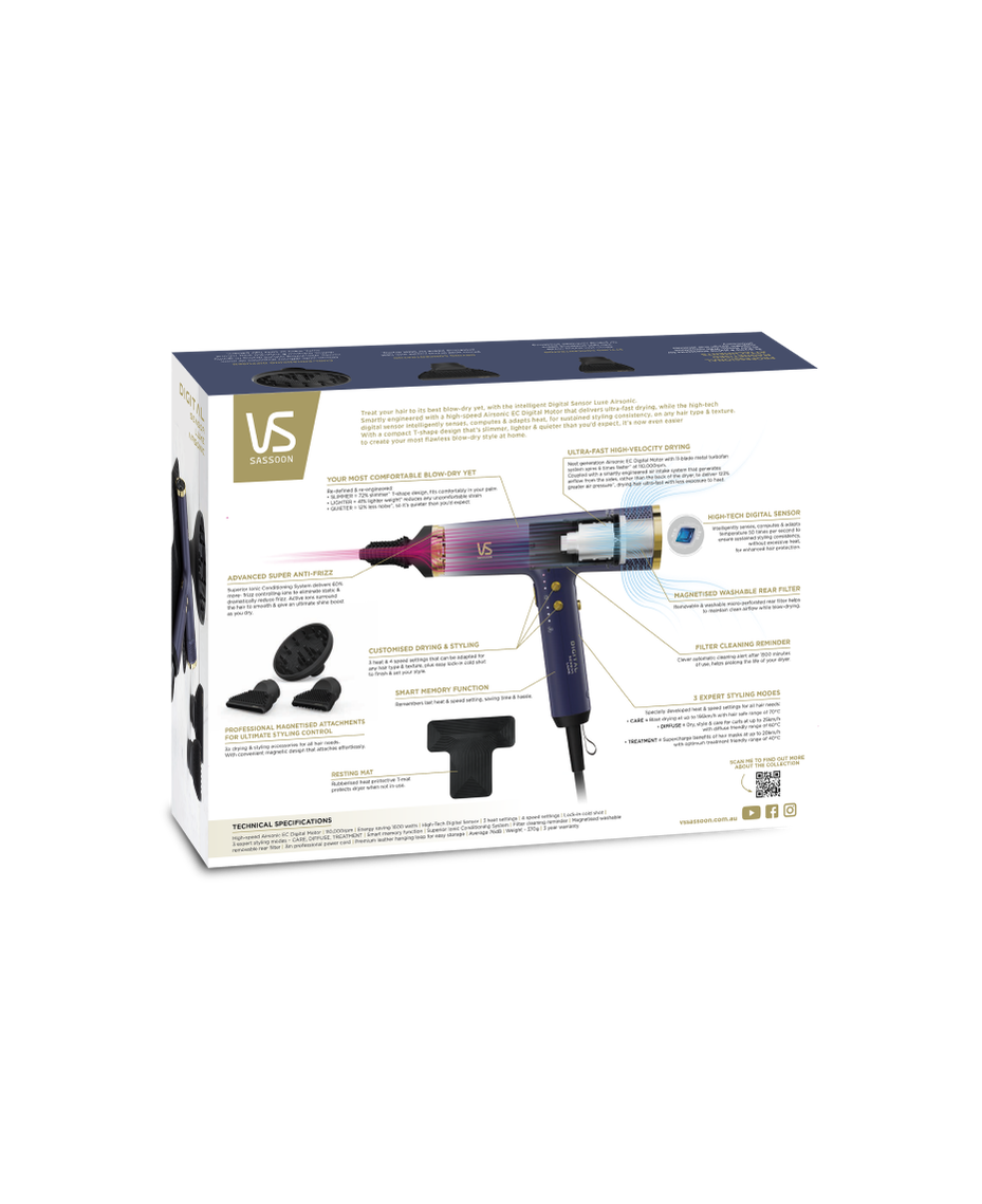 VS Sassoon Digital Sensor Luxe Airsonic Hair Dryer | Airsonic Sensor | Ultra Fast Dryer | 72% Slimmer | 110000 RPM