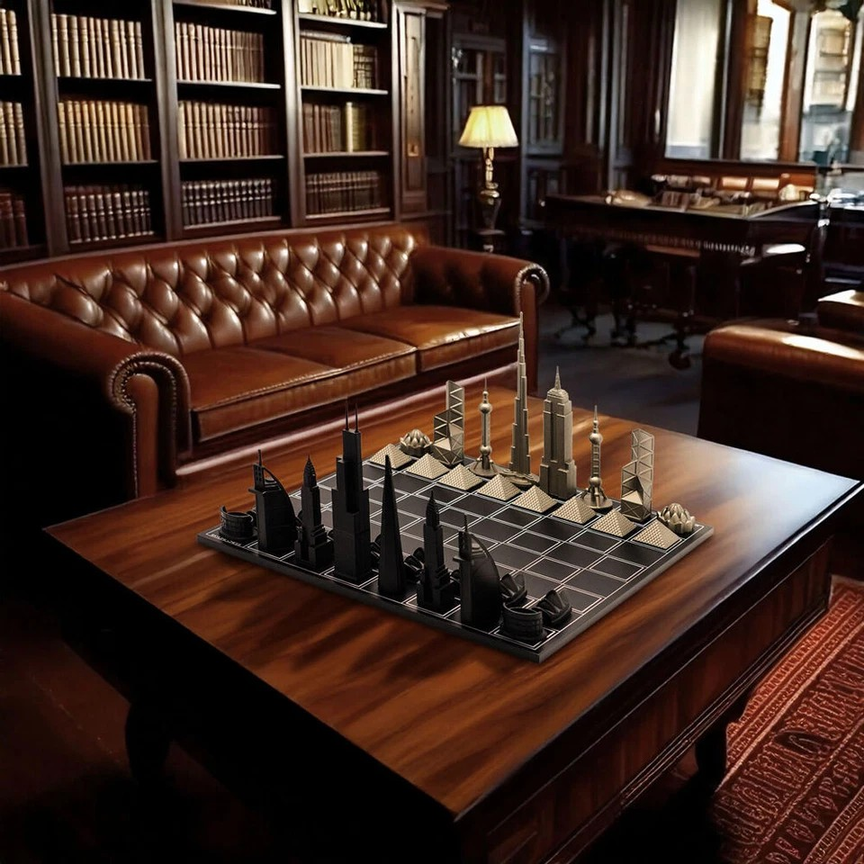 Stainless Steel Skyline Chess Board | World Icons Edition | Wooden Board/ Stainless Steel Pieces | 33 Pc Chess Set