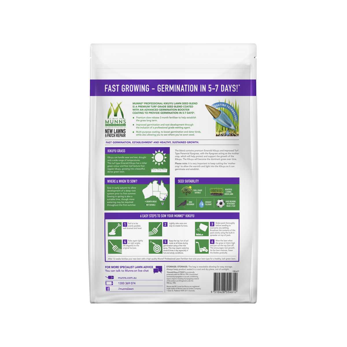 Munns Kikuyu Lawn Seed Blend 2.5kg, New Lawn Combination Emerald Kikuyu and Perennial Ryegrass, Gardening Lawn Seed Blend