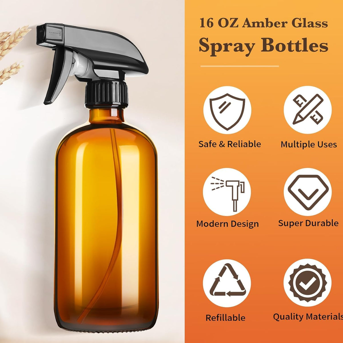 2x Glass Spray Bottles 500ml Cleaning Solution Plant Sprayer, Leak-Proof Trigger Sprayer, BPA-Free 3 Settings
