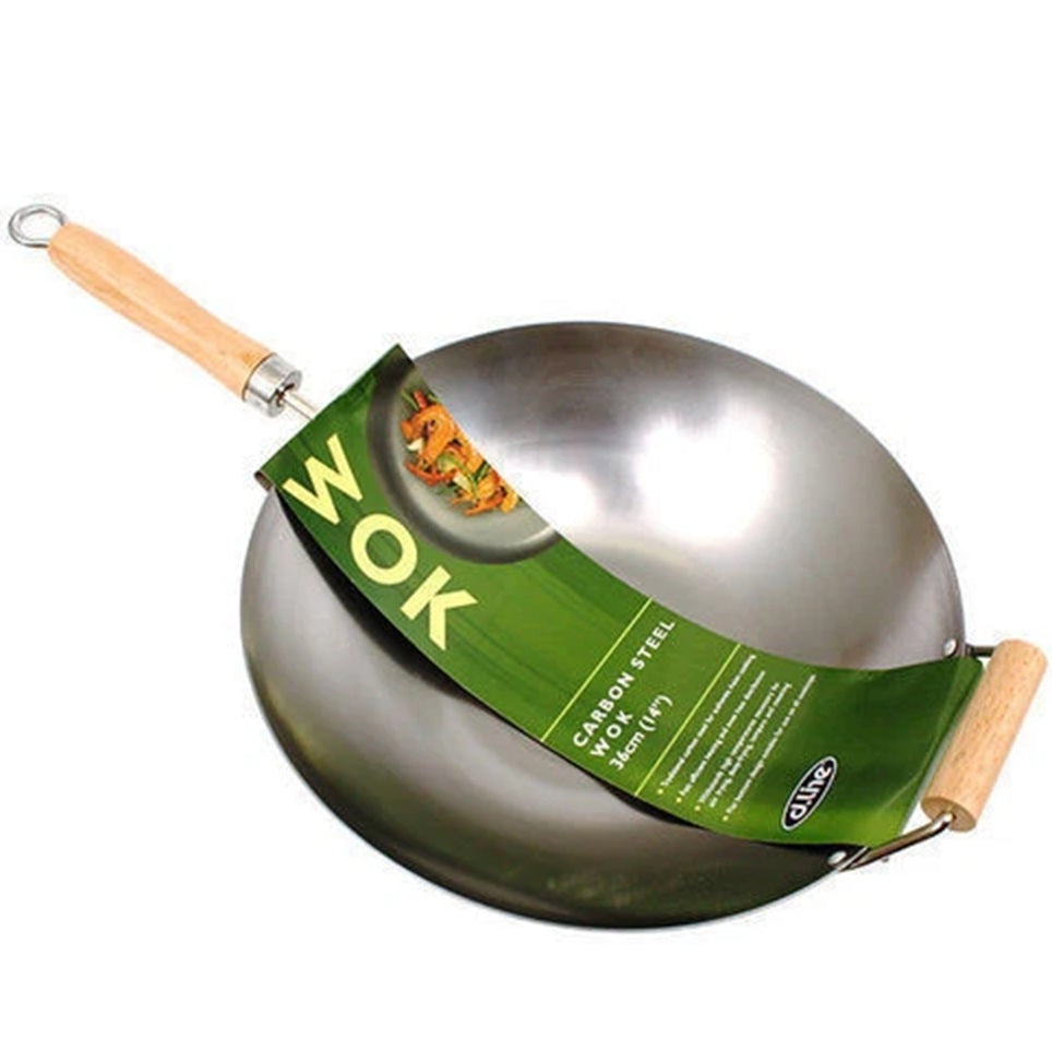 Carbon Steel Wok 36cm Large Cooking Pan Stir-Fry Curry Flat Base Wok, Wood Handles