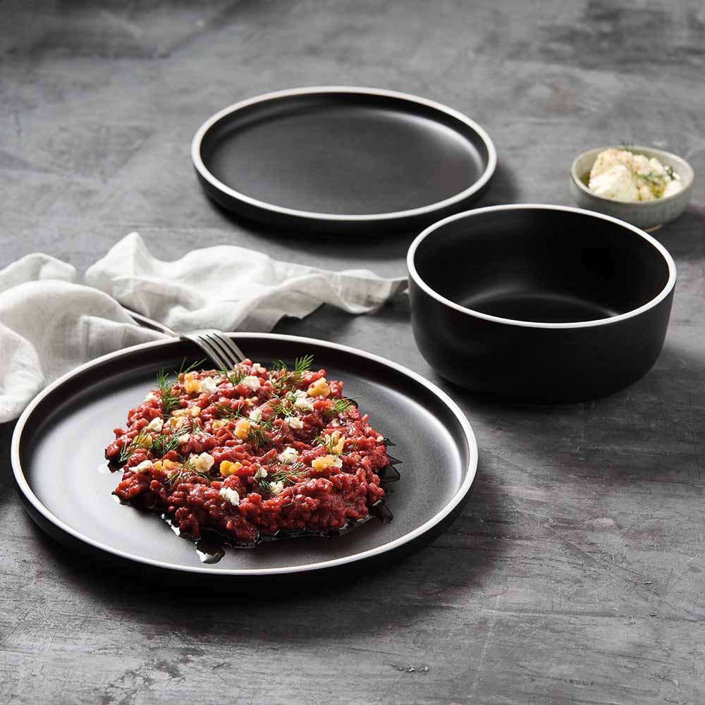 12 Piece Stoneware Dinner Set Stone Dining Meal Set Black Dinnerware Dinner Side Plates Soup Bowls