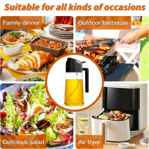 2-in-1 Oil Sprayer Dispenser Glass Spray Bottle Stream 470ml Baking Cooking Vinegar Soy Sauce Seasoning Sprayer