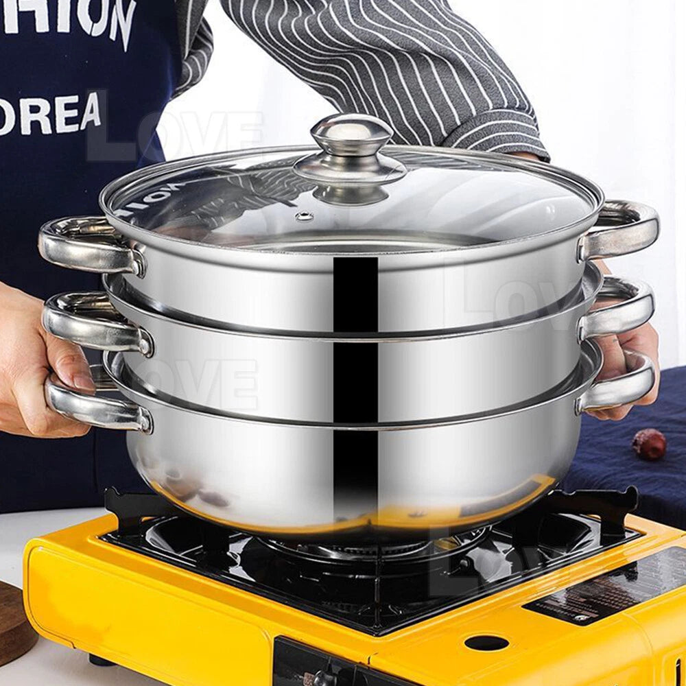 Stainless Steel Steaming Pot 3 Tier - Dumpling Vegetable Fish Meat Steamer - Lightweight Family Cooker, Stovetop