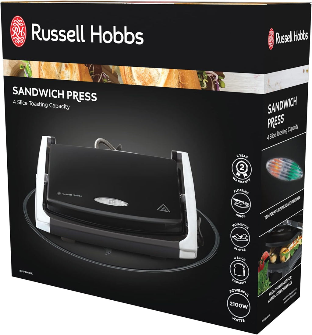 Russell Hobbs 4 Sandwich Press Easy Non-Stick Stainless Steel Bagel Muffin Toastie Jaffle Maker