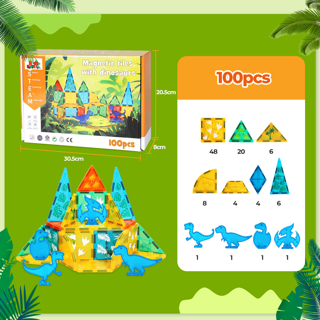100 Pieces Magnetic Tiles Starter Kit Kids Dinosaur Playing Building Blocks Preschool STEM Learning