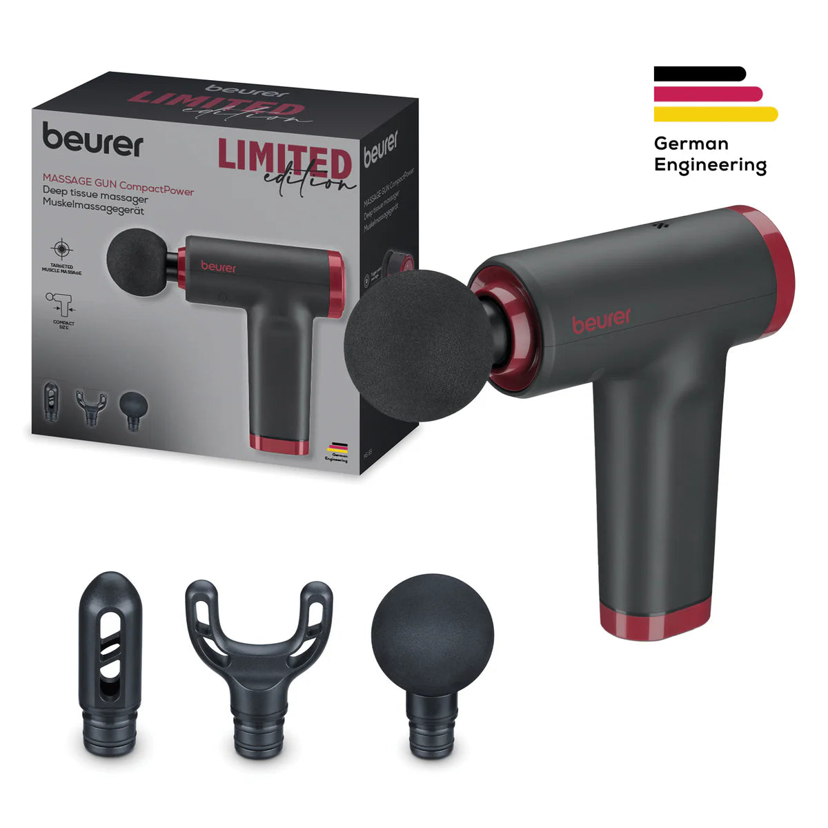 Beurer Deep Tissue Massage Gun | Handheld Soothing Massager | 5 Levels, 3 Attachments, Cordless Massaging Gun
