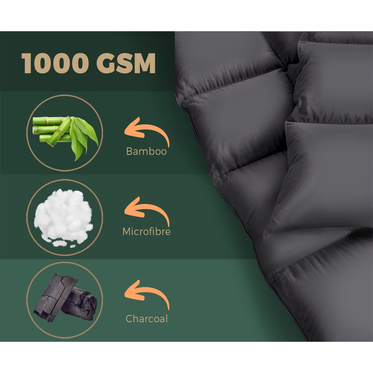 Quilted QUEEN Sized Charcoal Mattress Protector Bamboo Pillowtop Topper Bed Cover 1000GSM Machine Washable