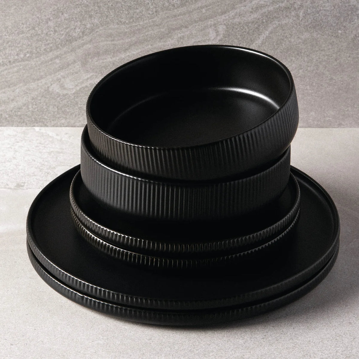 Salt & Pepper Stoneware 4 Person Stone Dinner Set 12 Pieces Dinnerware Black Elegant