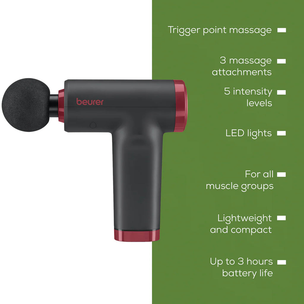 Beurer Deep Tissue Massage Gun | Handheld Soothing Massager | 5 Levels, 3 Attachments, Cordless Massaging Gun