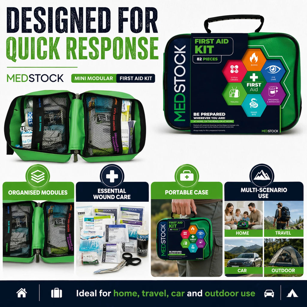 82 Piece First Aid Kit, Portable Firstaid Family Home Camping Set - Cuts & Graze, Burns, Eye Care, Snake Bite & more