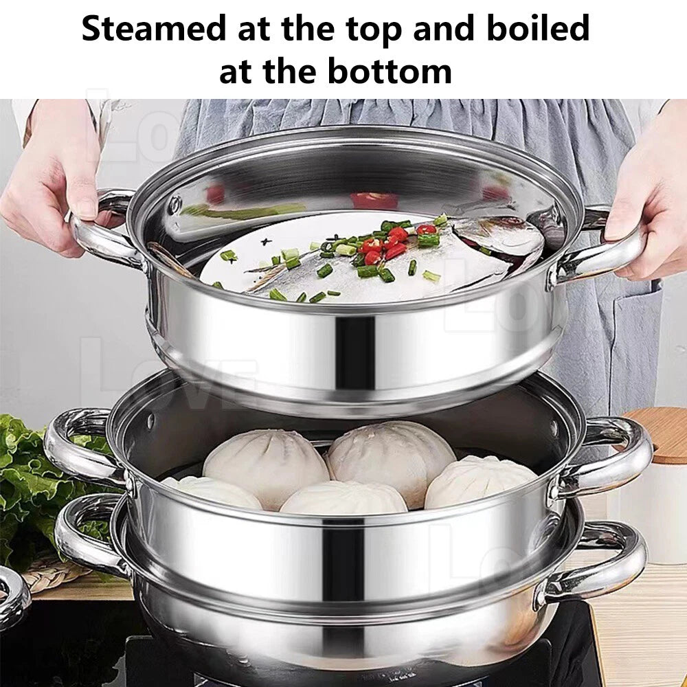 Stainless Steel Steaming Pot 3 Tier - Dumpling Vegetable Fish Meat Steamer - Lightweight Family Cooker, Stovetop