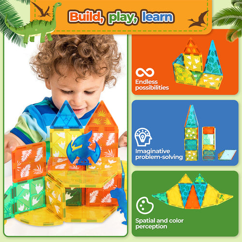 100 Pieces Magnetic Tiles Starter Kit Kids Dinosaur Playing Building Blocks Preschool STEM Learning