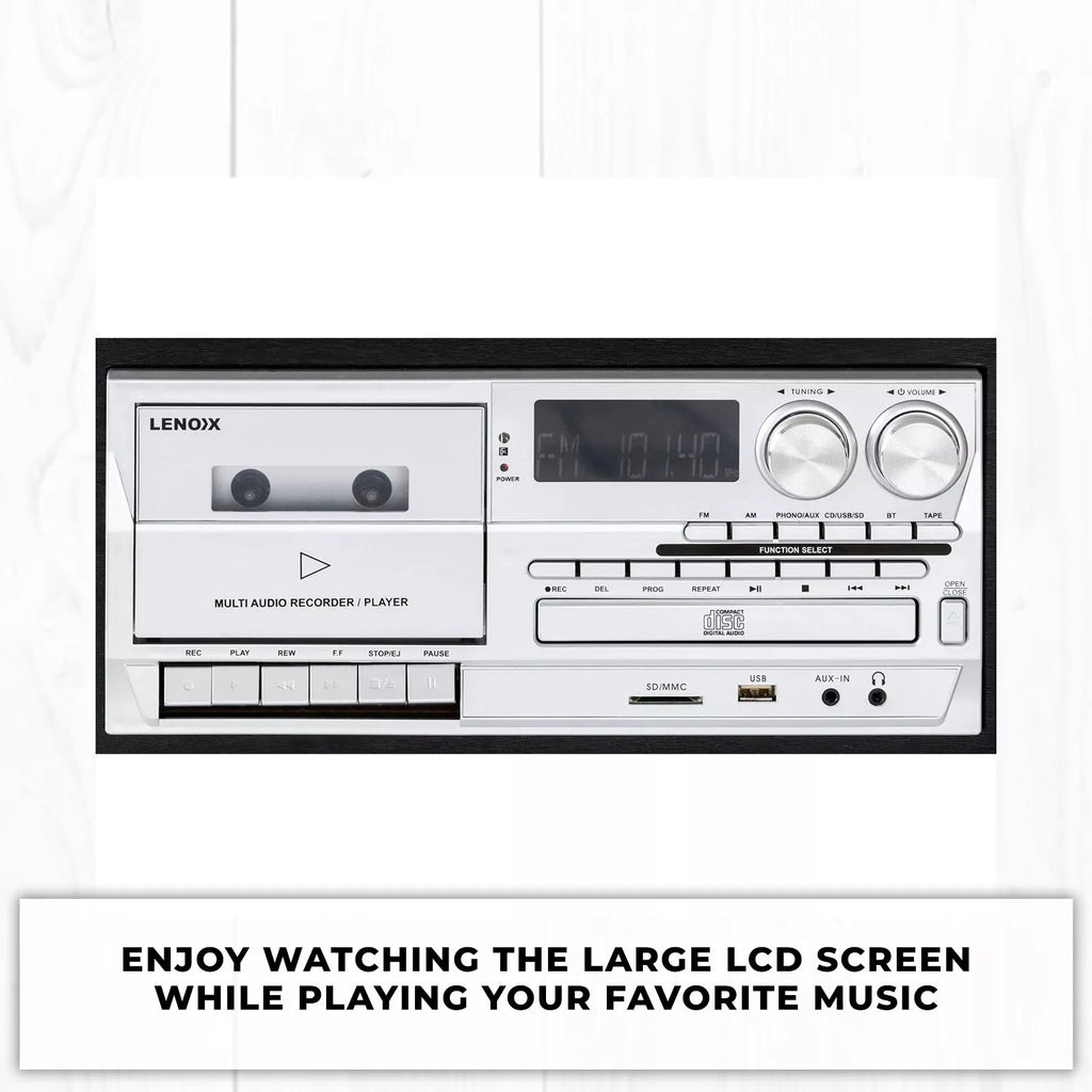 Lenoxx Bluetooth Stereo System | 3 Speed Turntable Vinyl Record Player | Cassette & CD Player CD USB 30W RMS