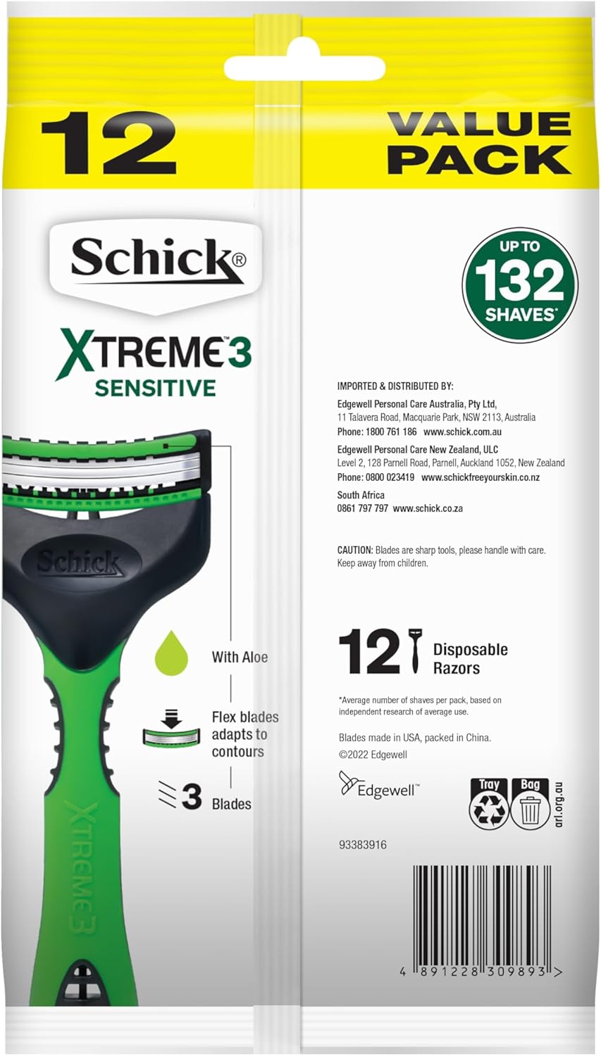 Schick Men's Sensitive 12 Pack Razor Blades Disposable Facial Shavers, Aloe Lube Strip, Flex Blades | Flex Blades Adapts to Face Contours | 3 Blade Cartridge