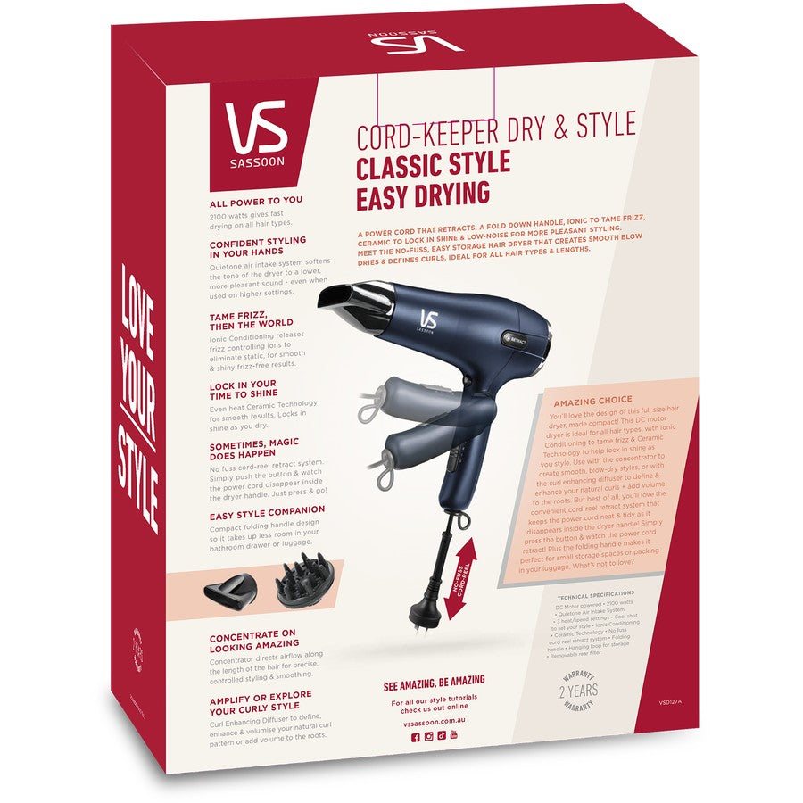 VS Sassoon Hair Dryer 2100W Electric Folding Blow Dryer Folding Retractable Cord Hair Styler