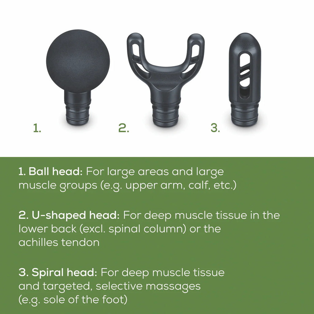 Beurer Deep Tissue Massage Gun | Handheld Soothing Massager | 5 Levels, 3 Attachments, Cordless Massaging Gun