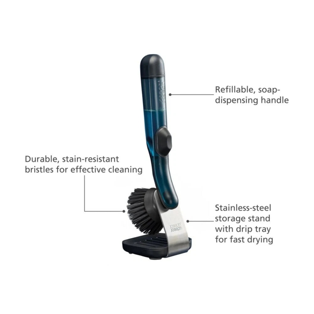 Joseph Joseph Dishwashing Brush Durable Stain Resistant Bristles, Dish Washing Scrubbing Brush Soap Dispenser with Stand