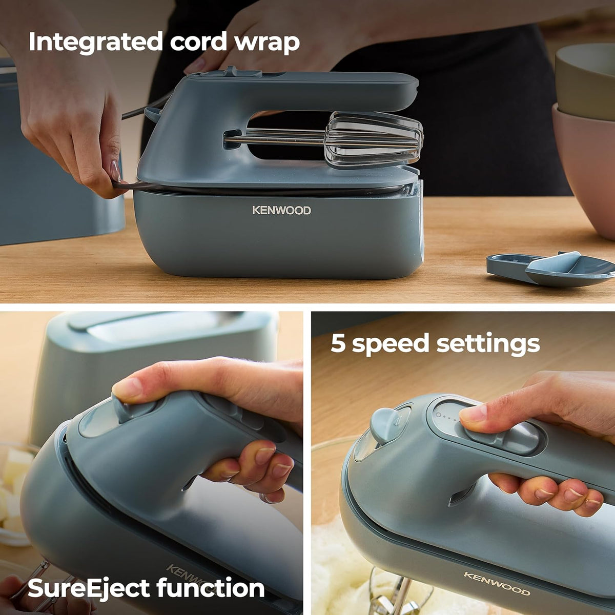 Kenwood Electric Hand Mixer, Bread Cake Batter Mixing Machine Twin Beater Kneader Whipper, Stainless Steel, Portable