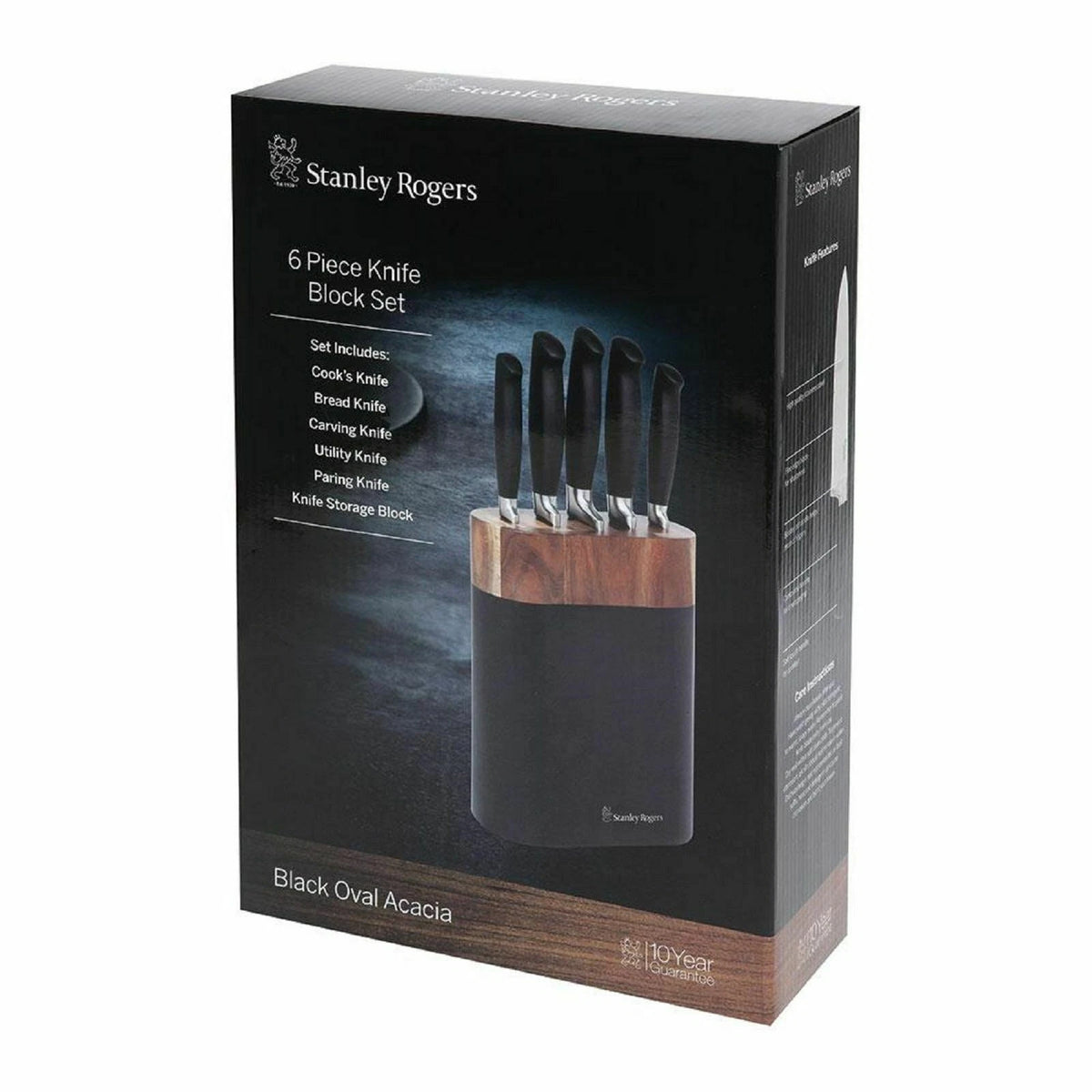 Stanley Rogers Knife Cutlery Block Set 6 Piece - Cook Bread Carving Utility Paring & Bamboo Knife - Acacia Wood Block
