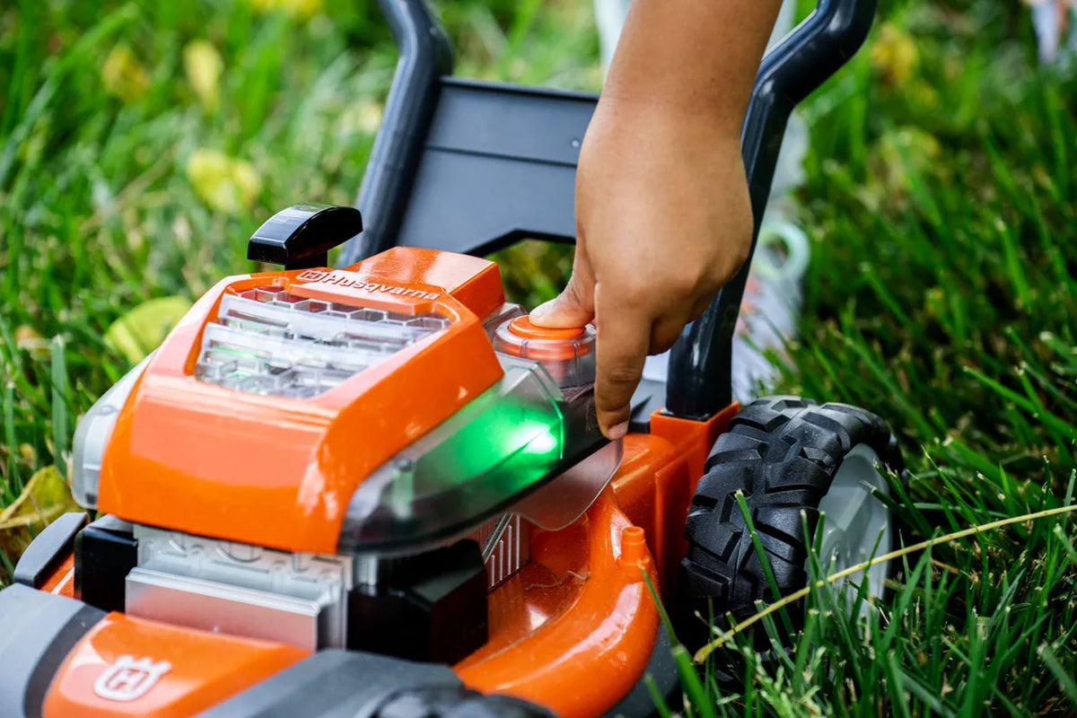 Husqvarna Pretend Lawn Mower | Kids Childrens Toy Grass Lawn Mower | Preschool Realistic Sounds and Lights