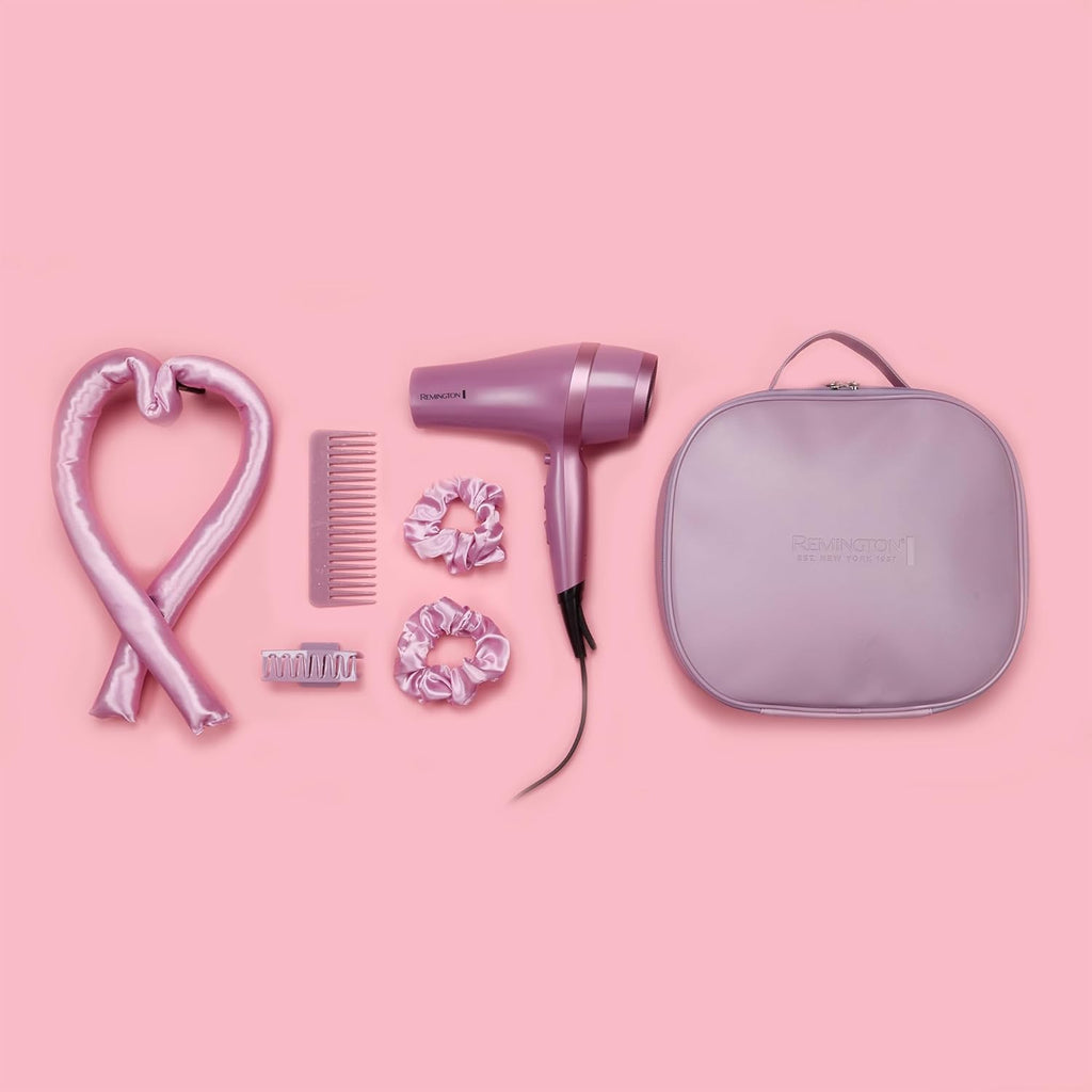 Remington Pink Hair Dryer Blowdryer 2100W Fast Drying Styler with Overnight Heatless Curling Rod