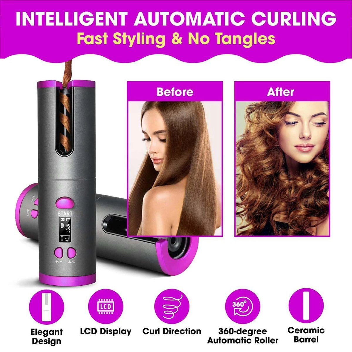 Auto Hair Curler Women's Cordless Curler | Portable Curling Iron Barrel LCD Display | Work Camping
