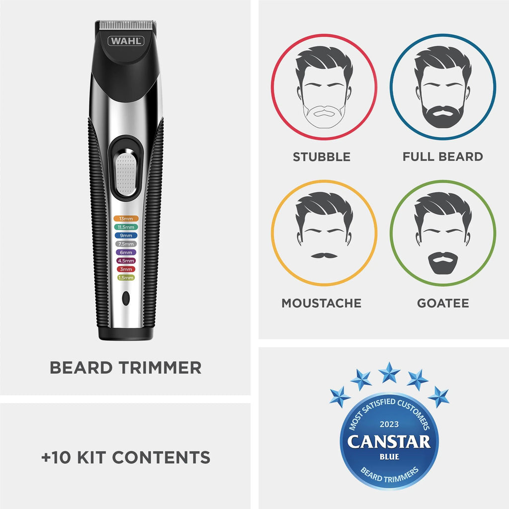 Wahl Full Beard Trimmer Groomer | Cordless Men's Clipper with Coloured Combs | Rechargeable Facial Trimming
