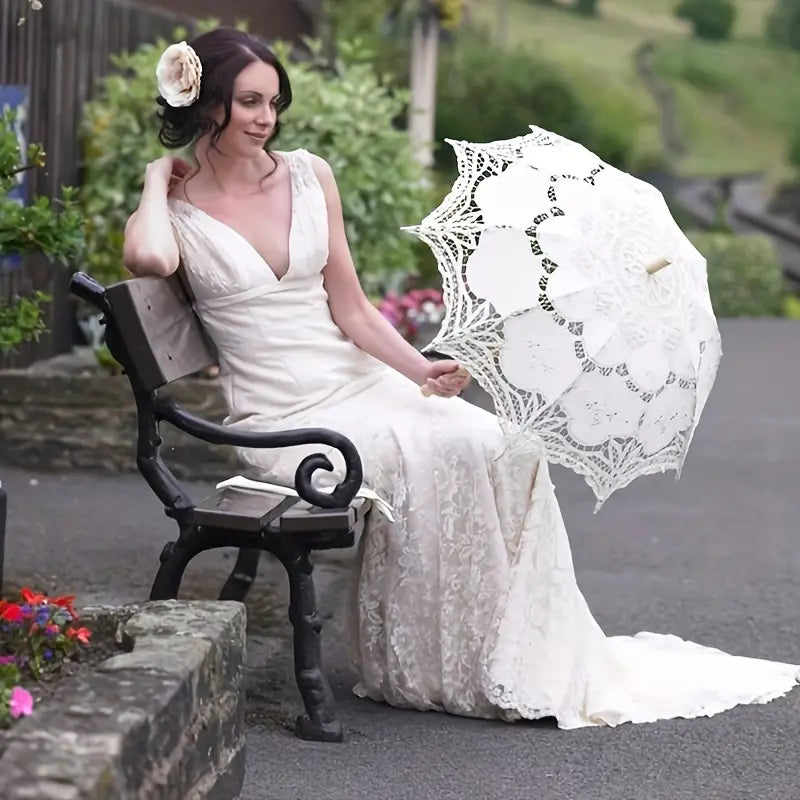 Elegant White Wedding Parasol Bridal Umbrella , Elegant Princess Decor Decoration | Wooden Handle
