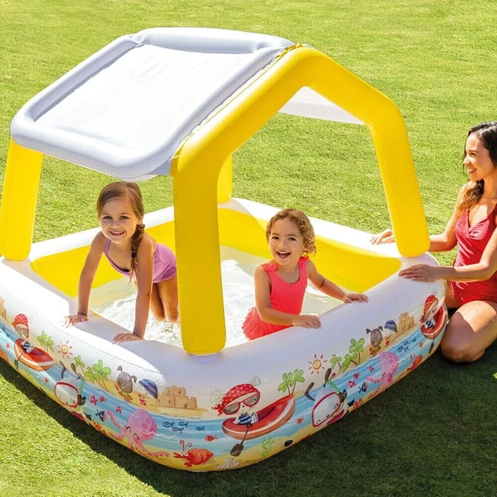 Intex Shaded Swimming Pool, Inflatable Kids Toy Above Ground Splash Play Pool with Sun Shade Canopy
