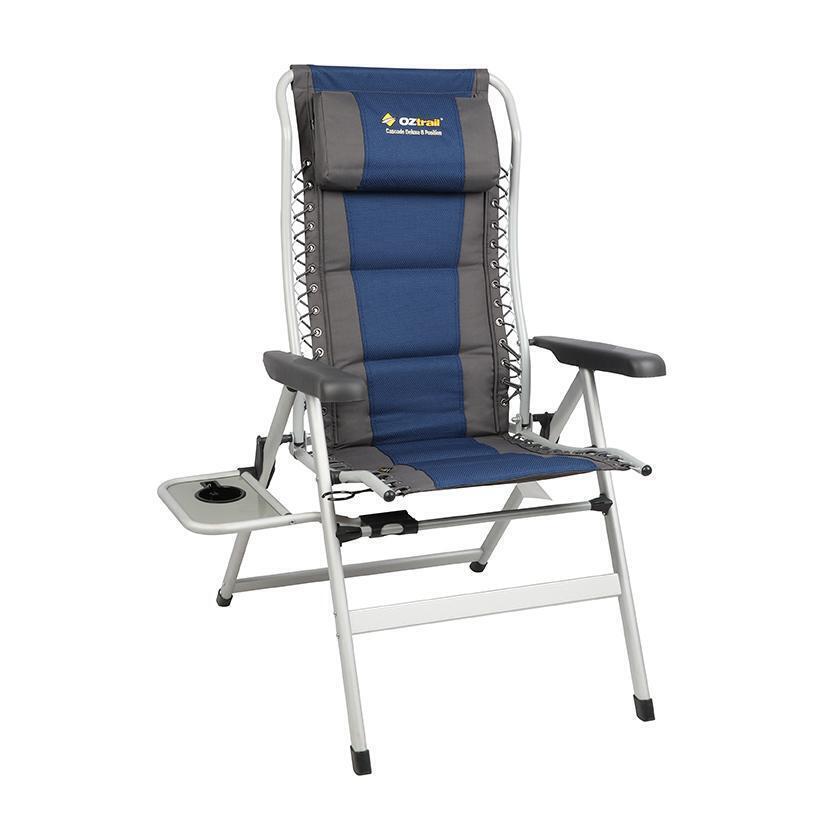 Oztrail Camping Reclining Chair | Outdoor Folding Recliner Camp Seat 8 Position Side Table