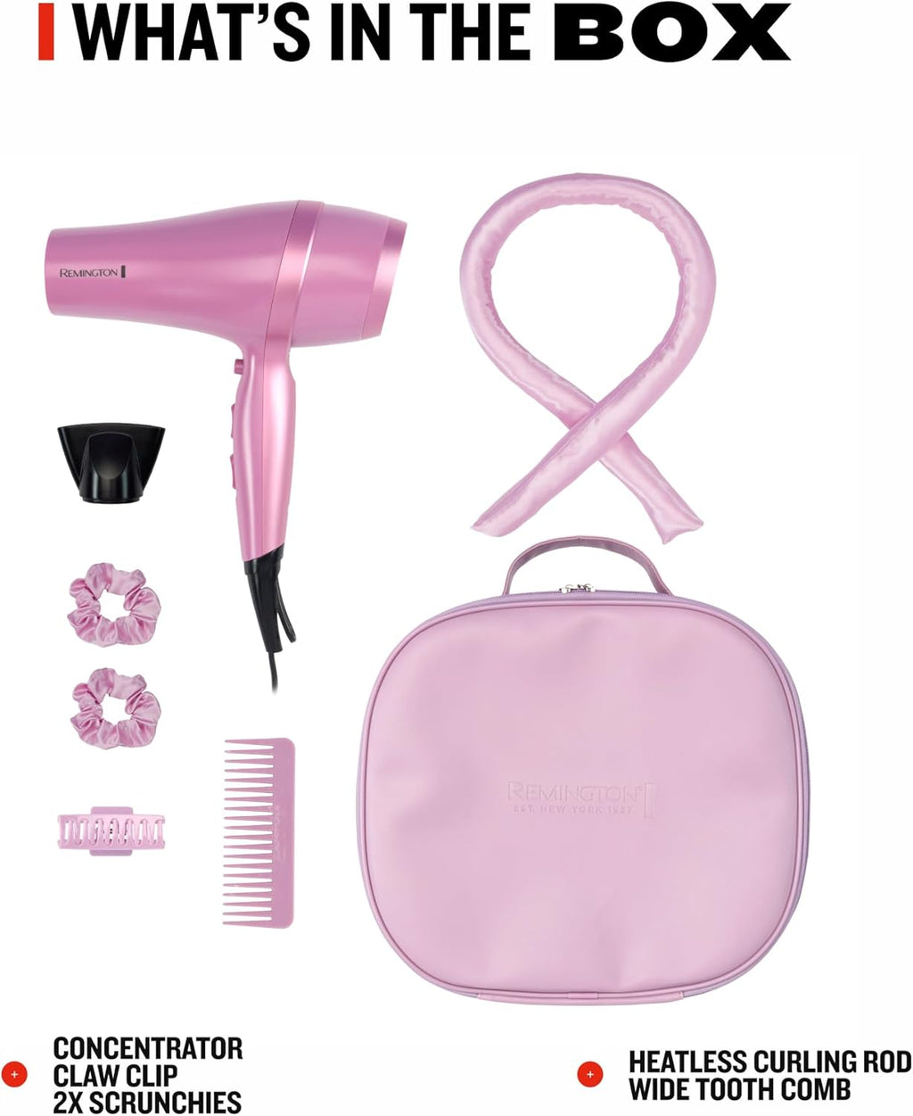 Remington Pink Hair Dryer Blowdryer 2100W Fast Drying Styler with Overnight Heatless Curling Rod