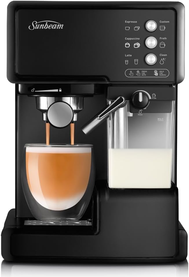 Sunbeam Espresso Cappuccino Maker, Electric Coffee Machine Milk Frother, Ground Coffee Tamper