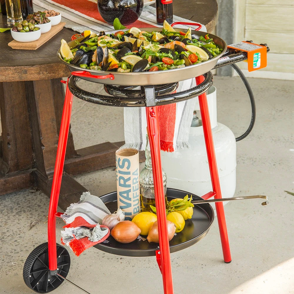 Portable 46cm Paella Pan Gas Burner Set Catering Tray Rice Seafood Cooker - Outdoor Paella Cooking Set Polished Steel/Red
