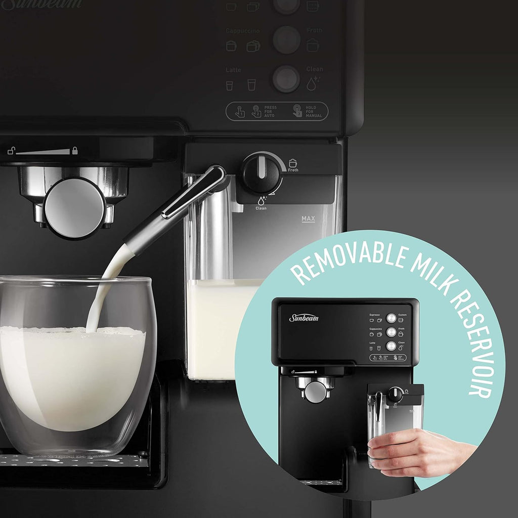 Sunbeam Espresso Cappuccino Maker, Electric Coffee Machine Milk Frother, Ground Coffee Tamper