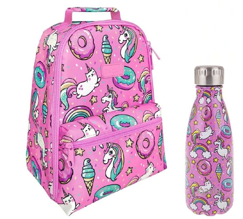 Kids Portable Pink Unicorn Backpack Lunch Bag and Water Bottle 350ml, Insulated Portable Lunch Bag