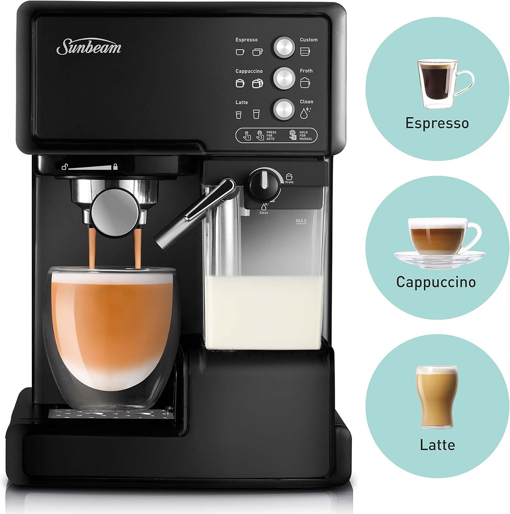 Sunbeam Espresso Cappuccino Maker, Electric Coffee Machine Milk Frother, Ground Coffee Tamper
