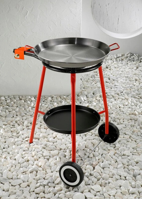 Portable 46cm Paella Pan Gas Burner Set Catering Tray Rice Seafood Cooker - Outdoor Paella Cooking Set Polished Steel/Red