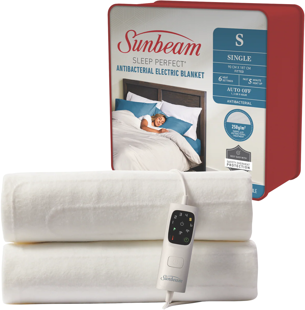 Sunbeam Electric Blanket Fitted Antibacterial 6 Heat Bedroom Topper Protector